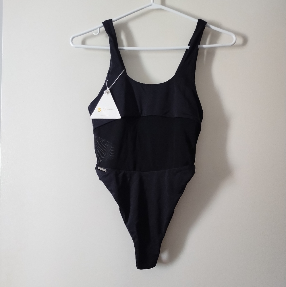 NWT BUFF BUNNY Black Mesh Panel Swimsuit XS